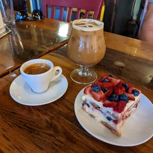 Amazing mixed berries tiramisu.. with a espresso and a ice cappuccino