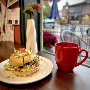 Ooverloaded bagel &amp; Tanzanian peaberry single origin coffee