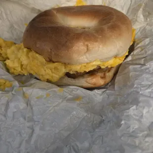 Turkey sausage with egg and cheese on a bagel.