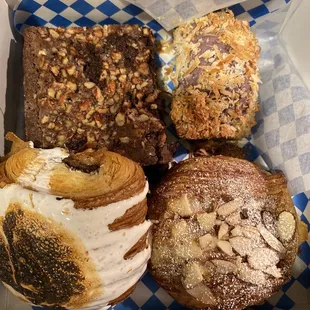 Brownie w/pecans, Ube Coconut Cake, S&apos;Mores Croissant, Almond Croissant (all perfection)