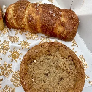 Pretzel all beef sausage kolache and large chocolate chip cookie 12/2023