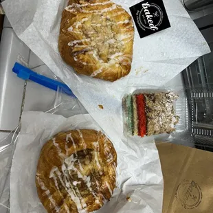 Apple cheese danish, cinnamon danish and Italian crumb cake.