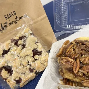 Raspberry bar and Pecan sticky bun.
