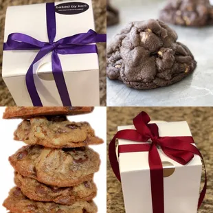 gift options available. dutch chocolate cookie with paenut butter and semisweet chocolate chips and a triple chocolate chip w/pecans cookie