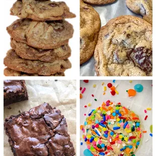 triple chocolate chip w/pecans, old fashioned chocolate chip, double chocolate espesso brownie, celebrate cookie
