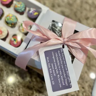 gift box of mini cupcakes and cake pops delivered to campus for a birthday