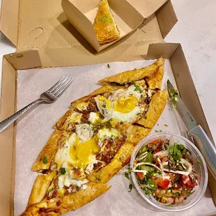 Turkish steak flatbread with egg on top, Turkish salad and a baklava. Yum!!