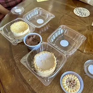 (Left to right) Banana pudding cheesecake, brownie, Blueberry cheesecake, mini Coconut Chess Pie