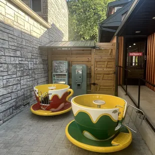 Teacups that are functional for spinning and provide seating.