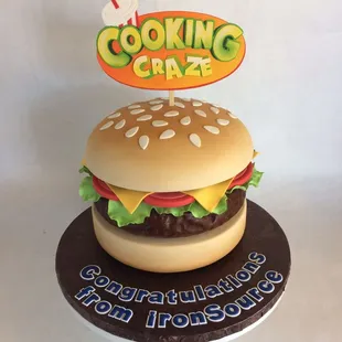 Sculpted hamburger cake.