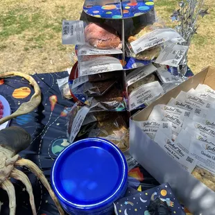 a man in a space helmet and a pile of food