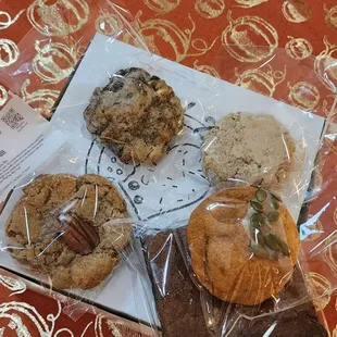 Peanut butter marzipan cooking, butter pecan cookie, pumpkin cookie, oatmeal raisin cookie, and the coffee brownie