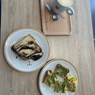 Egg frittata, latte, and hazelnut/chocolate babka