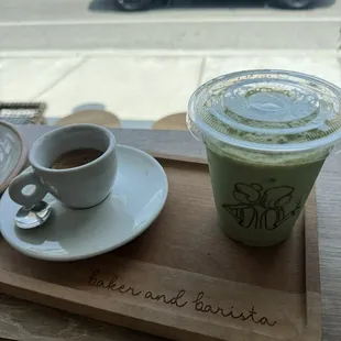 Iced matcha latte and an espresso.