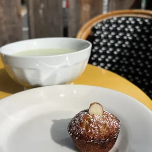 Matcha latte and almond financier.