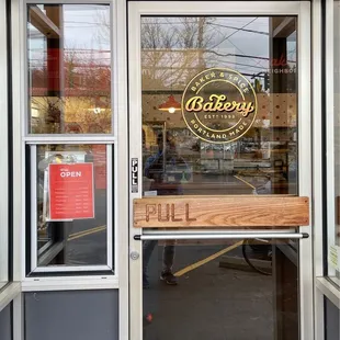 the entrance to a bakery