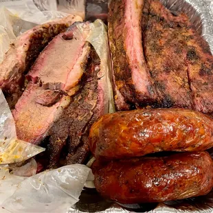 Brisket, ribs, and smoked sausage.