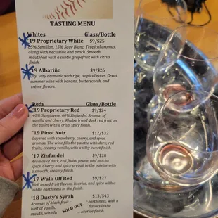 Tasting menu as of 1/27/22