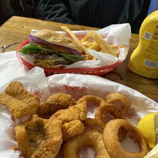 Mountain house burger. Fish and onion rings .