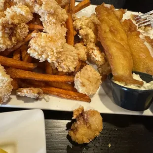 Called fish and chips with popcorn shrimp
