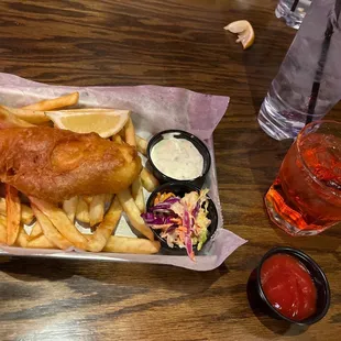 Half order fish and chip. Cranberry vodka yum