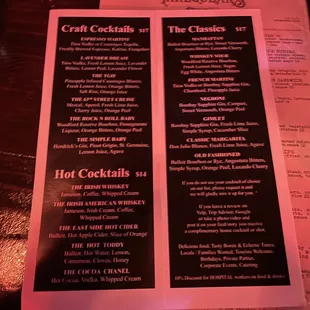 the menu for the restaurant