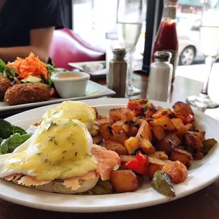 Smoked salmon Benedict, crab cakes