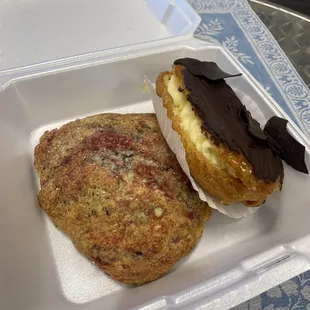Raspberry scone (10/10!) and fresh eclair with homemade custard filling