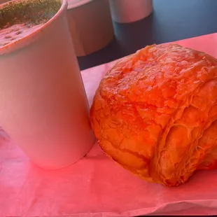 Chocolate croissant and matcha latte