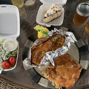 Orange roughy, home fries, salad blue cheese and Roquefort, s'mores cheesecake, and 2 Long Island ice teas