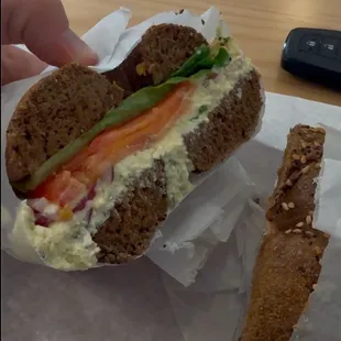 My pumpernickel everything bagel with egg salad, lettuce, and tomato! So good!