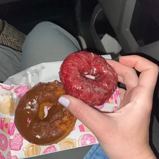 Red velvet and chocolate cake donuts
