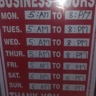 Hours: MON-FRI: 5AM-8PM;  SAT+SUN: 6AM-6PM