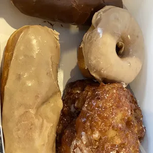 Best apple fritters in town! Maple bar, cream filled bar and maple cake donut. Heavenly!