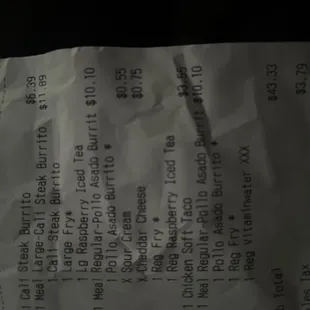a receipt for a pizza