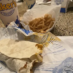 a burrito and fries