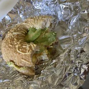 Bacon, egg, cheese with avocado on asiago