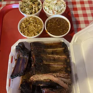 Ribs with 4 sides - pasta salad, coleslaw, beans, dirty rice