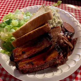 I got the three meat platter, which included two ribs, brisket and sausage. Not a bad meal.
