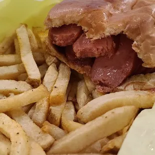 Sausage sandwich and fries