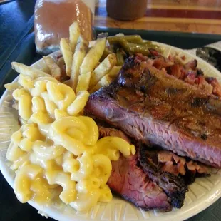 3 meat plate with brisket, pulled pork and pork ribs