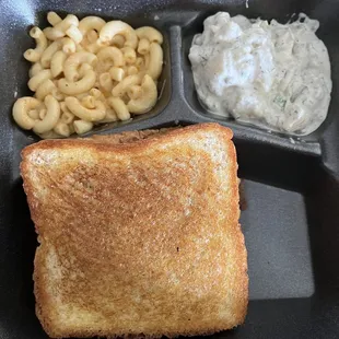 a sandwich, macaroni and cheese, and macaroni salad