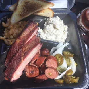 2 Meat Combo Ribs/hot sausage potato salad and mac n cheese Fantastic!