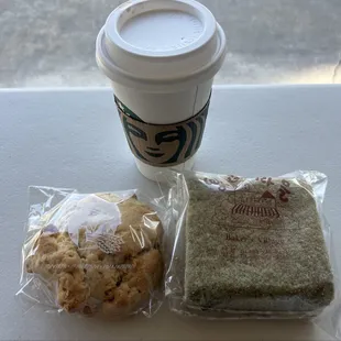 7/20/24 Walnut scone &amp; Mugwort Castella;  coffee from Starbucks across the street