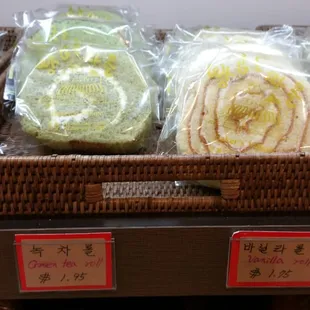 Green tea roll ($1.95) &amp; Vanilla roll ($1.75)