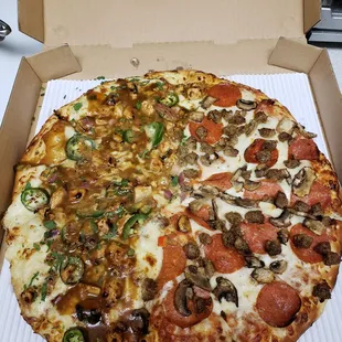 Bankok Boom on the left, pepperoni/sausage/mushroom on the right