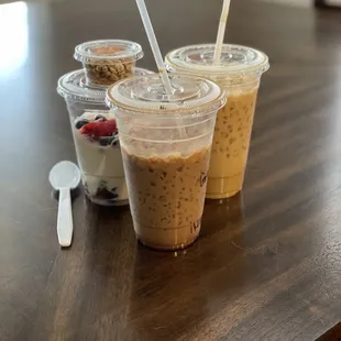 Iced Caraminilla, Iced Milky Way and fruit parfait