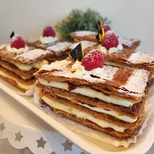 New item - Napolean.  Layers of flaky pastry with vanilla cream and raspberry jam.