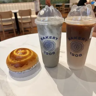 Coffee Milk tea, black sesame milk tea with mochi, coffee bun