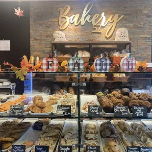 a display of baked goods in a bakery